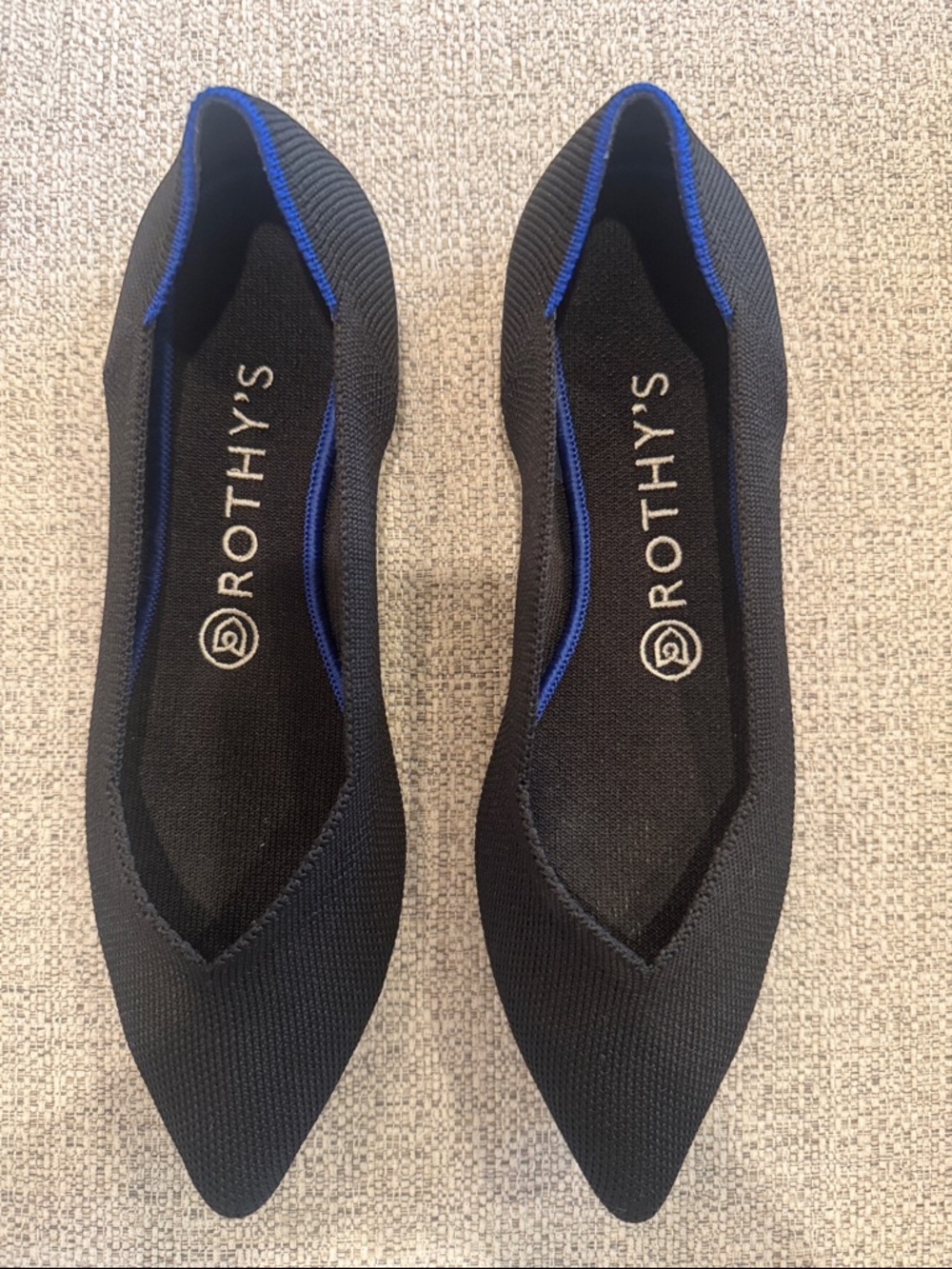 Rothy's Black Pointed Knit Flats with Blue Trim